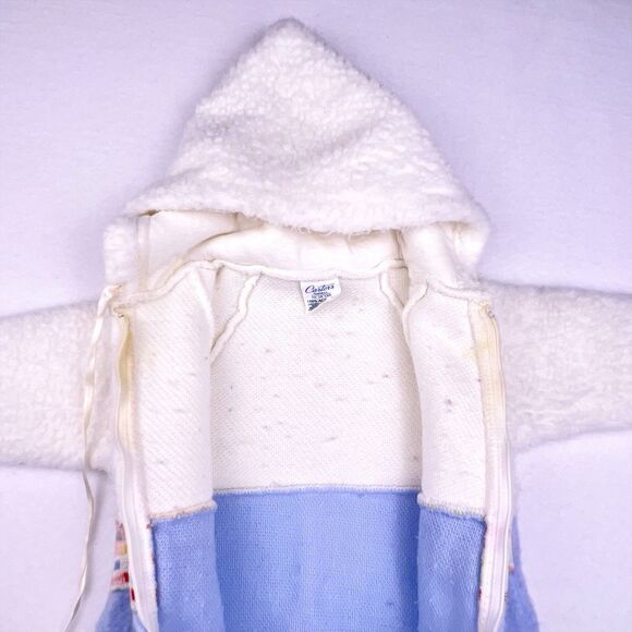 VTG Carter’s Retro White/Blue Fleece Hooded Bunting Footed Sz Small to 15 lbs - Picture 4 of 16